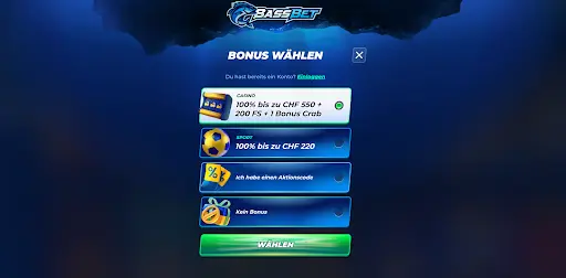 Auswahlmenü für Willkommensbonus – Casino, Sport, Aktionscode oder kein Bonus