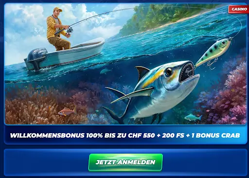 Spieler im Boot angelt Fisch – Willkommensbonus bis zu 550 CHF