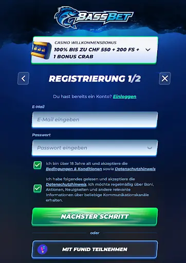 Registrierungsformular BassBet – Eingabefelder für E-Mail und Passwort mit Willkommensbonus CHF 550 + 200 FS