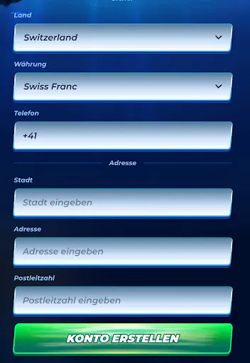 Registrierungsformular BassBet – Eingabefelder für Land, Währung, Telefonnummer, Stadt, Adresse und Postleitzahl