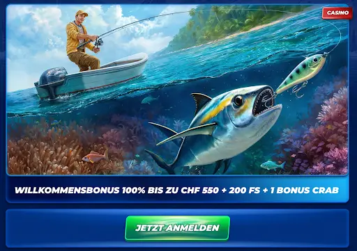 Angler im Boot fängt großen Fisch – Willkommensbonus bis zu 550 CHF