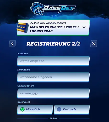 Registrierungsformular BassBet – Eingabefelder für Vorname, Nachname, Geburtsdatum und Geschlecht mit Willkommensbonus CHF 550 + 200 FS