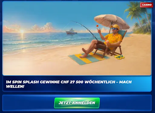 BassBet Casino Promo – Spieler am Strand mit Angelrute und wöchentlichem Gewinn von 27 500 CHF