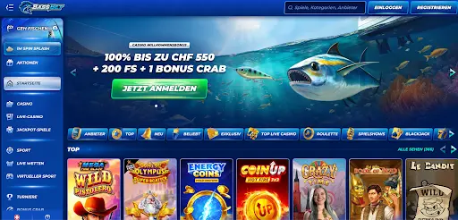 BassBet Online-Casino Startseite mit Willkommensbonus bis zu 550 CHF und 200 Free Spins