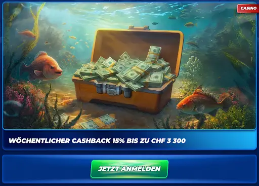 Schatztruhe voller Geld im Meer – wöchentlicher Cashback bis zu 3 300 CHF